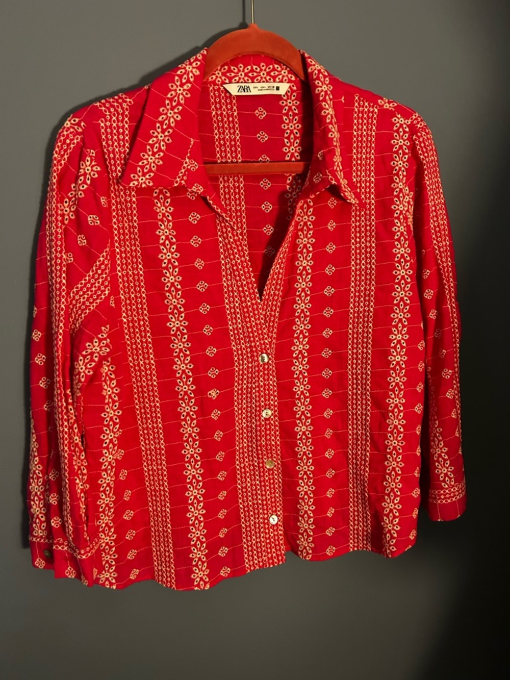 Zara Fuschia Embroidered Button-Up Shirt - Picture 2 of 8